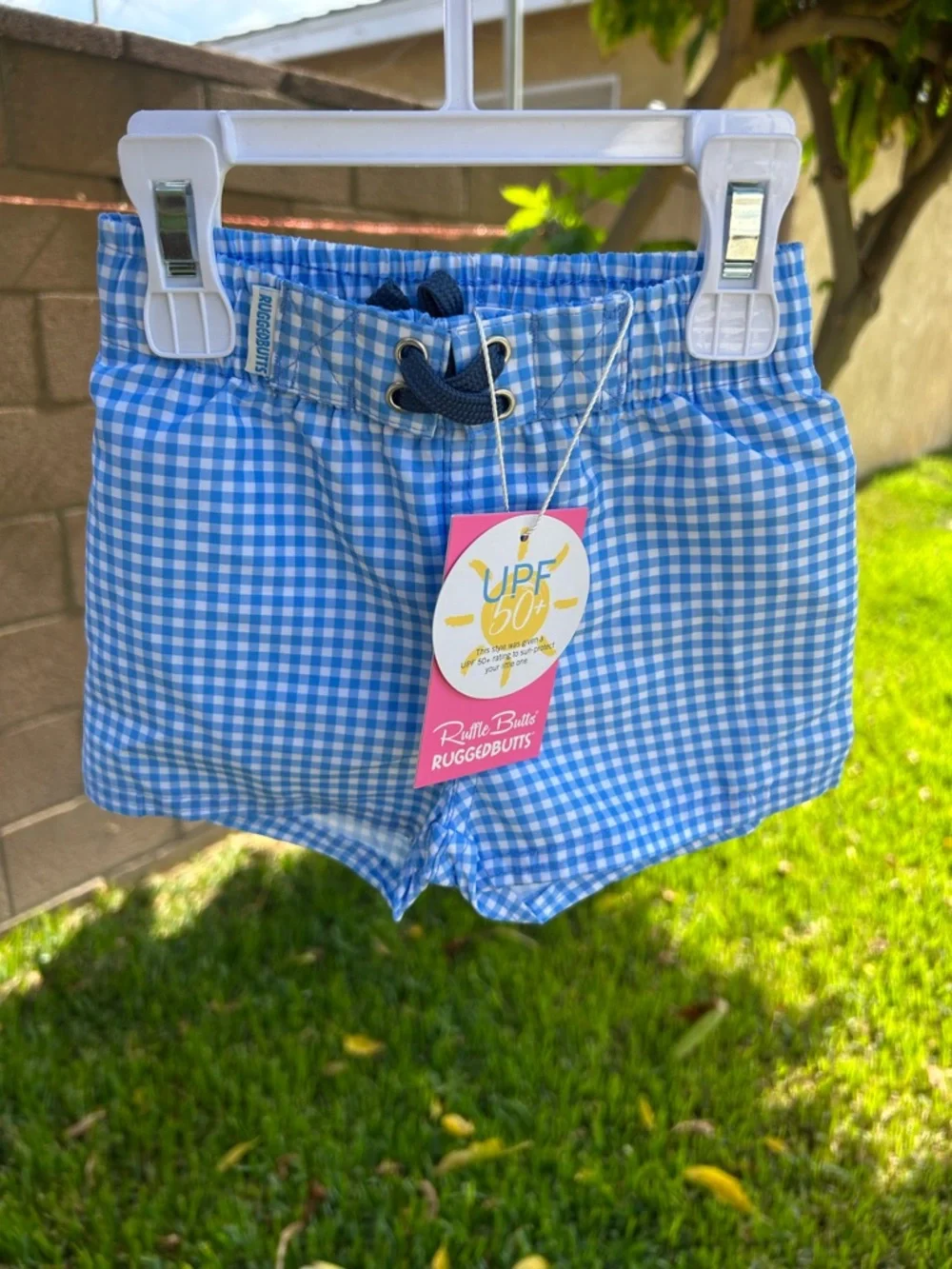RuggedButts Blue Gingham Girls' Swim Trunks with UPF 50+